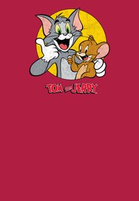 Kreslený design s šedou kočkou a hnědým myšákem v žlutém kruhu na purpurovém pozadí. Text zní "Tom a Jerry."