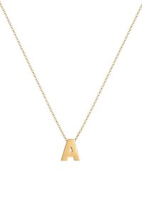 Halskette in goldener Farbtönung mit einem polierten Buchstaben "A" Anhänger, versehen mit einer zarten Kette und einem schlichten, modernen Design.