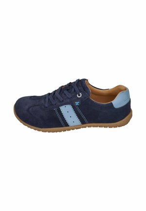 Navy blue suede sneaker with light blue stripes and heel patch, brown rubber sole, and lace-up closure.