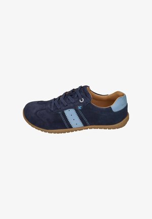 Navy blue suede sneaker with light blue stripes and heel patch, brown rubber sole, and lace-up closure.