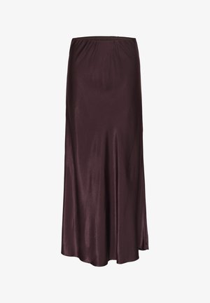 Gonna midi in satin di un profondo bordeaux con una vita elastica, design fluido e una consistenza liscia e lucida. Nessun motivo o dettaglio visibile.