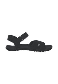 Black sandals with cross straps, adjustable ankle strap, cushioned footbed, and textured rubber sole for traction.