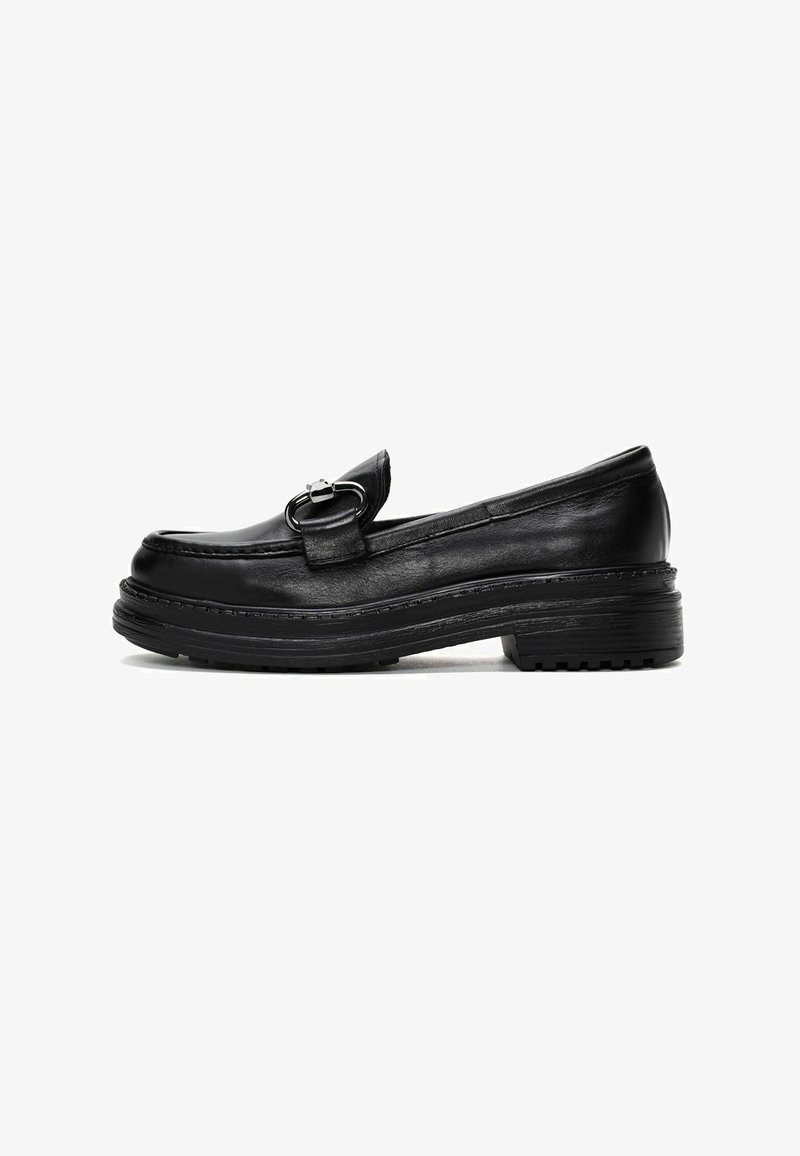 Black leather loafers with a comfortable flat sole, featuring a decorative silver buckle and stitched detailing along the edges.