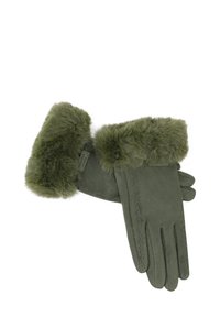 Guanti verde oliva in morbido suede con polsino in pelliccia soffice. Presentano dettagli di cucitura lungo le dita per una maggiore texture.
