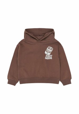 Brązowa bluza z kapturem i długimi rękawami z białą grafiką puszki napoju gazowanego i napisem "Fizzy Inside" na piersi.