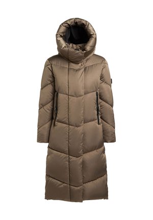 Lange bruine donzen jas met een hoge kraag en een capuchon. Heeft een doorgestikt patroon, twee zijzakken met ritssluiting en een strak ontwerp.
