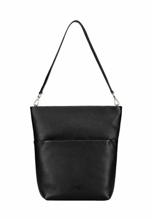 Sac à épaule en cuir noir avec bandoulière amovible et poche avant, conçu pour un usage quotidien avec un style minimaliste.
