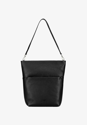 Sac à épaule en cuir noir avec bandoulière amovible et poche avant, conçu pour un usage quotidien avec un style minimaliste.