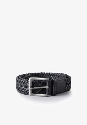 Black woven leather belt featuring a silver metal buckle, with a smooth texture and leather accents near the buckle for added detail.