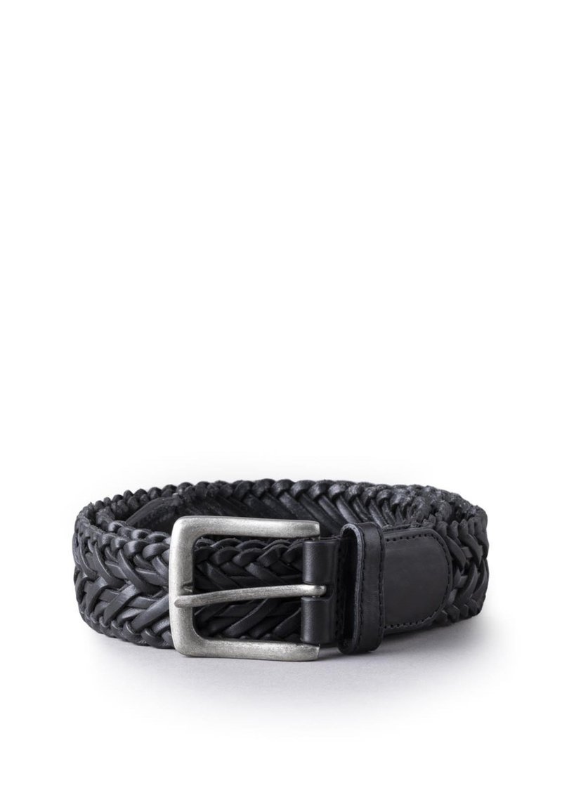 Black woven leather belt featuring a silver metal buckle, with a smooth texture and leather accents near the buckle for added detail.