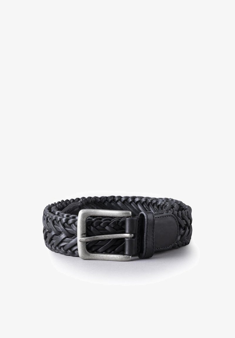 Black woven leather belt featuring a silver metal buckle, with a smooth texture and leather accents near the buckle for added detail.