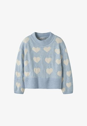 Pull bleu clair avec un ourlet et un col côtelés, orné de motifs de cœurs blancs sur toute la surface. Confectionné en tissu doux et texturé.