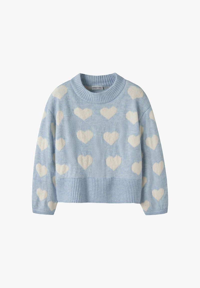Pull bleu clair avec un ourlet et un col côtelés, orné de motifs de cœurs blancs sur toute la surface. Confectionné en tissu doux et texturé.