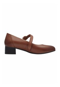 Chaussures basses en cuir marron avec un bout rond et une bride unique sur le coup de pied. Texture lisse avec des détails de coutures minimales.