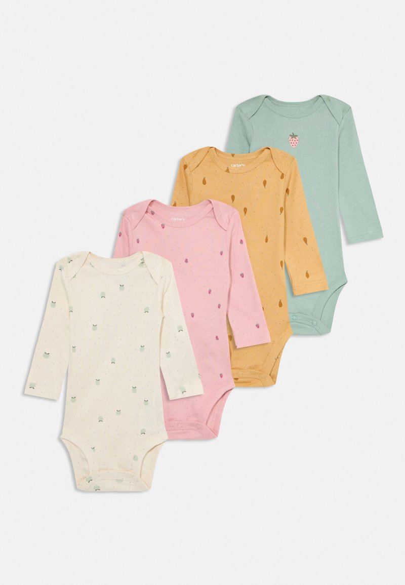 Vier Langarm-Bodysuits in Creme, Pink, Gelb und Mintgrün. Jeder hat verspielte Muster, darunter Tiere und Früchte. Aus weichem Baumwollmaterial.
