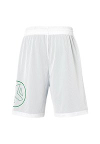 Witte mesh sport shorts met elastische tailleband, voorzien van een groen geometrisch logo aan de linkerkant. Loszittend met een lichte textuur.