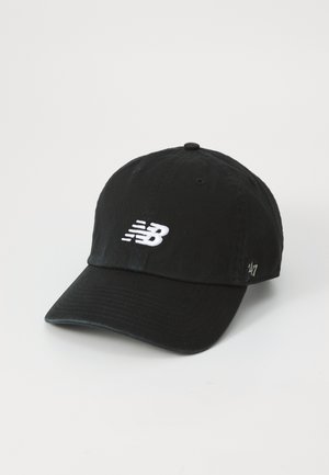 Black cotton baseball cap featuring a white embroidered logo and a curved brim; includes ventilation eyelets and an adjustable strap.