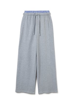 Light gray wide-leg trousers made of soft fabric with a drawstring waist and patterned blue elastic waistband, featuring side pockets.