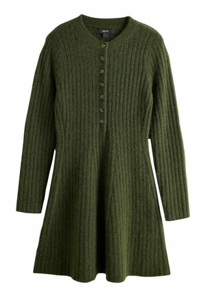 Langærmet olivengrøn ribstrikket cardigan-kjole med rund halsudskæring og en række små knapper ned foran i midten.