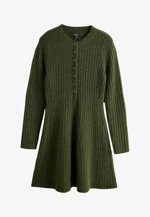 Langærmet olivengrøn ribstrikket cardigan-kjole med rund halsudskæring og en række små knapper ned foran i midten.