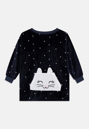 Dark blue velour top with long sleeves, white cat face pocket design, and small white star patterns throughout. Soft texture.