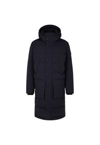Langer schwarzer gefütterter Wintermantel mit Kapuze, vorderen Druckknöpfen und vier großen Taschen mit Klappen, entworfen für kaltes Wetter.