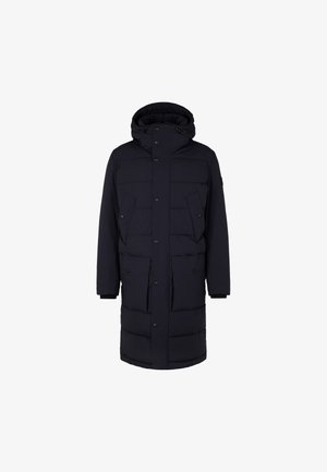 Lange zwarte gewatteerde winterjas met capuchon, vooraan met drukknoopsluitingen en vier grote klepzakken, ontworpen voor koud weer.