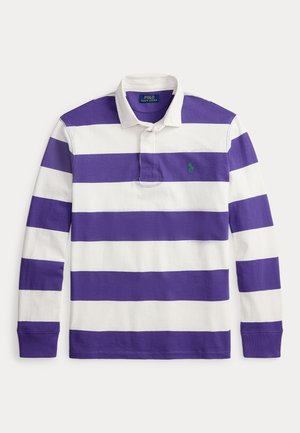 Long-sleeve polo shirt in white and purple stripes with a green embroidered logo on the chest. Features a classic collar and buttoned placket.