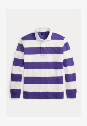 Hosszú ujjú póló fehér és lila csíkokkal, zöld hímzett logóval a mellkason. Klasszikus gallérral és gombos előlappal rendelkezik.