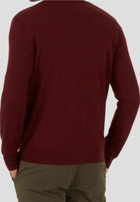 Burgunderfarbener Pullover mit langen Ärmeln, runder Ausschnitt und geripptem Saum. Hergestellt aus strukturiertem Stoff, von hinten gezeigt.