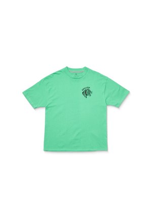 Mintgroene katoenen t-shirt met een zwart grafisch ontwerp van een leeuwenkop en tekst op de linkerkant van de borst. Korte mouwen, comfortabele pasvorm.