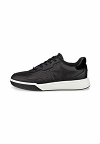 Sneaker in pelle nera con finitura liscia, punta arrotondata, suola in gomma bianca e lacci neri; presenta dettagli perforati e un accento sul tallone.