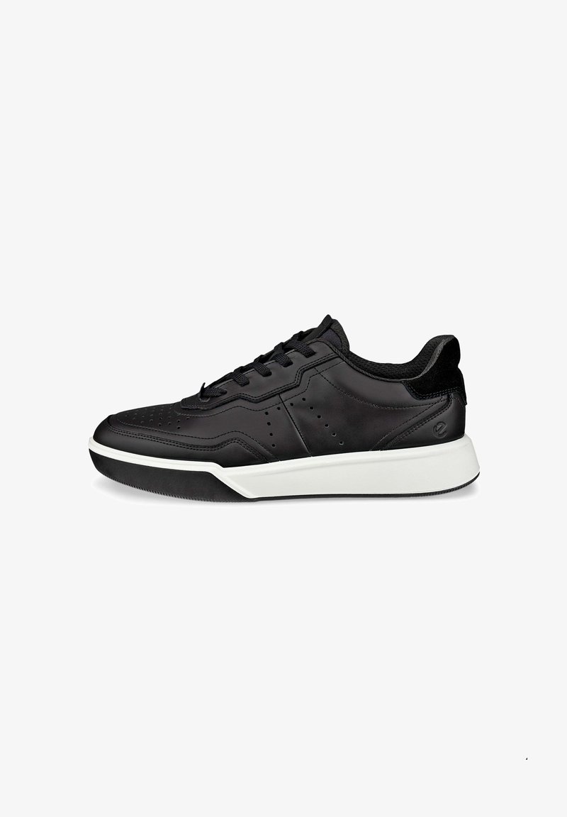 Schwarze Ledersneaker mit glatter Oberfläche, abgerundeter Zehenpartie, weißer Gummisohle und schwarzen Schnürsenkeln; verfügt über durchbrochene Details und einen Akzent an der Ferse.