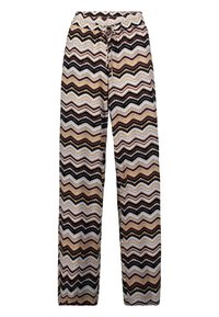 Multicolored wide-leg pants featuring a zigzag pattern in beige, brown, and black with an elastic waistband and drawstring detail.