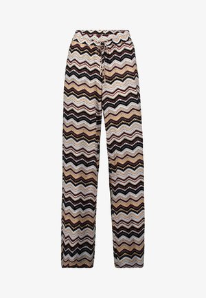 Pantaloni a gamba larga multicolori con un motivo a zigzag in beige, marrone e nero, dotati di una vita elasticizzata e dettaglio con cordino.