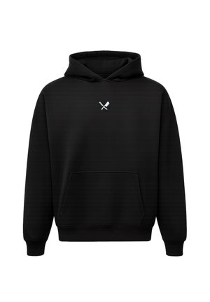 Zwarte hoodie van zachte stof, met een voorzak en een klein grafisch ontwerp van gekruiste messen in het wit op de borst.