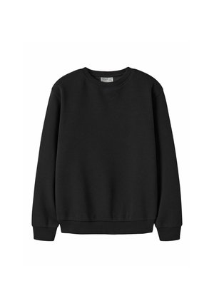 Sort langærmet crewneck-sweatshirt med ribbet manchet og kant, vist på en hvid baggrund.