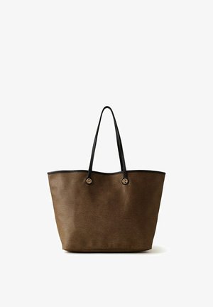 Brown textured tote bag with black long handles and rounded top edges on a white background.