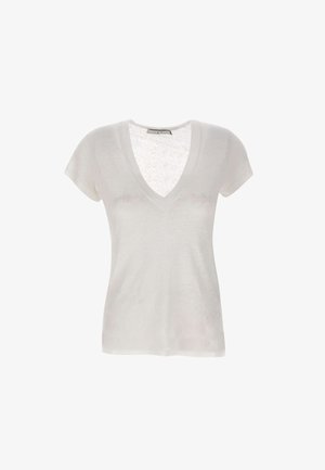 White short-sleeve T-shirt with a deep V-neck, made of lightweight, slightly textured fabric, featuring a relaxed fit and no visible patterns.