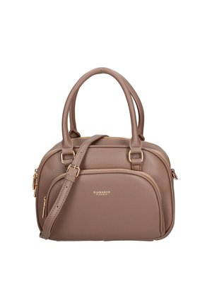 Borsa a mano marrone con texture, dotata di doppi manici e tracolla rimovibile. Presenta dettagli dorati e un compartimento principale con zip.