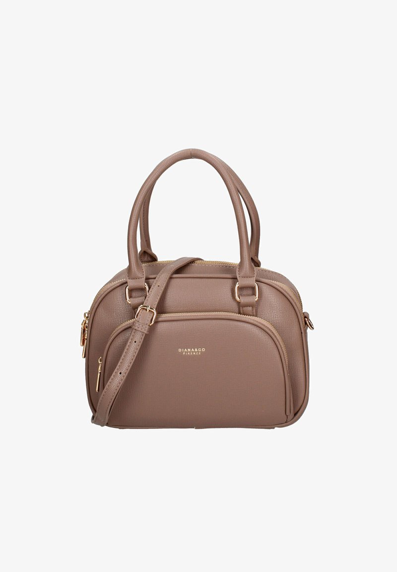 Borsa a mano marrone con texture, dotata di doppi manici e tracolla rimovibile. Presenta dettagli dorati e un compartimento principale con zip.