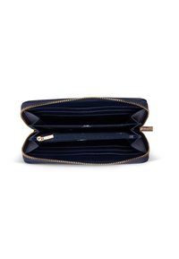 Navy leather wallet with gold zipper, featuring multiple card slots, a zippered compartment, and a smooth texture. Open view.