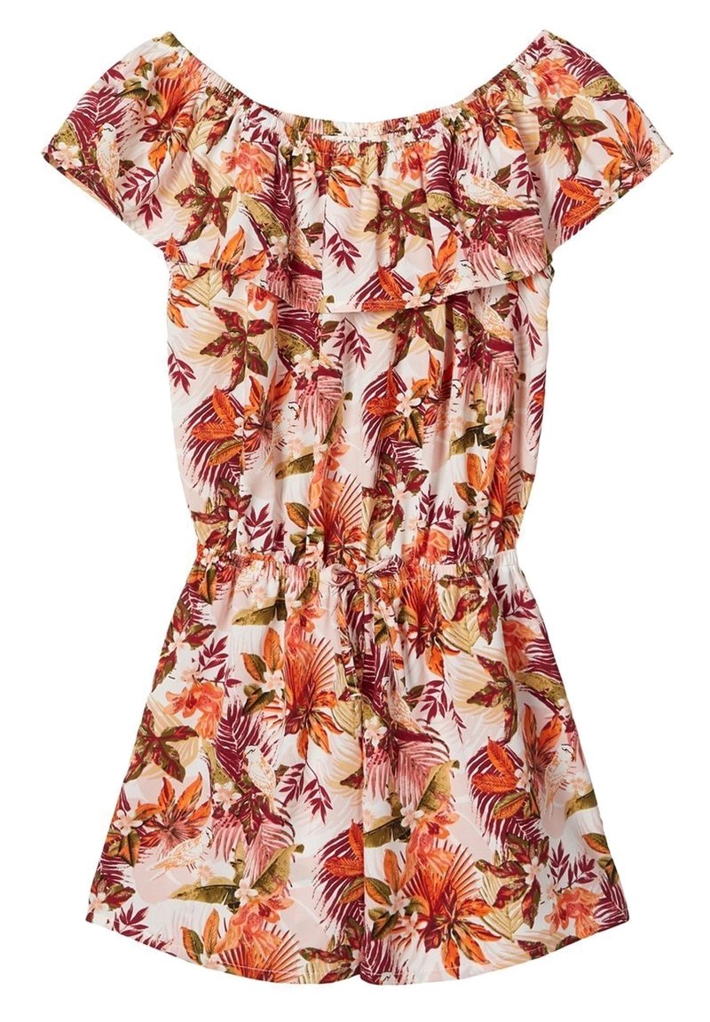 Combinaison épaules dénudées en tissu léger avec un motif floral coloré. Dotée d'une taille élastique et de détails à volants.