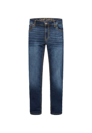 Dunkelblaue Jeans mit geradem Schnitt, gelben Nähten, Fronttaschen und einem markierten Bund. Aus Denim-Material gefertigt.