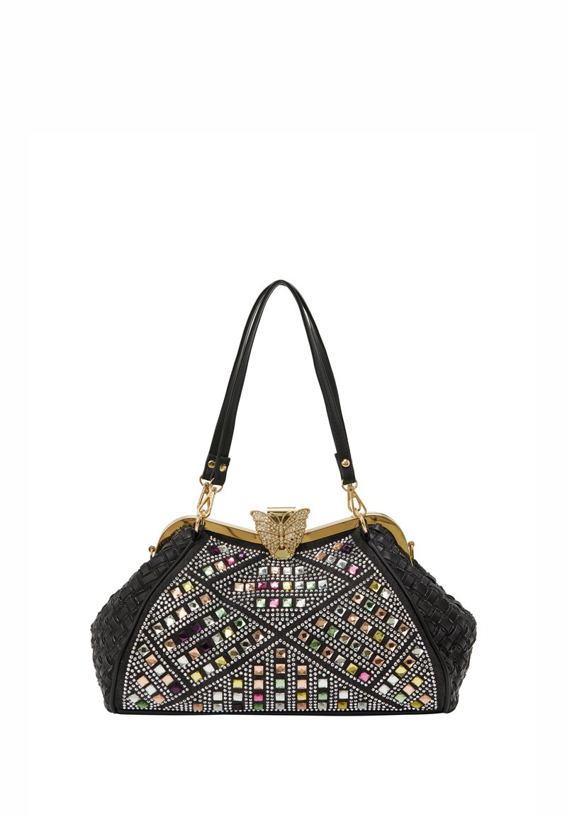 Black handbag with woven texture, embellished with colorful square stones. Gold butterfly clasp on top, double black shoulder straps.
