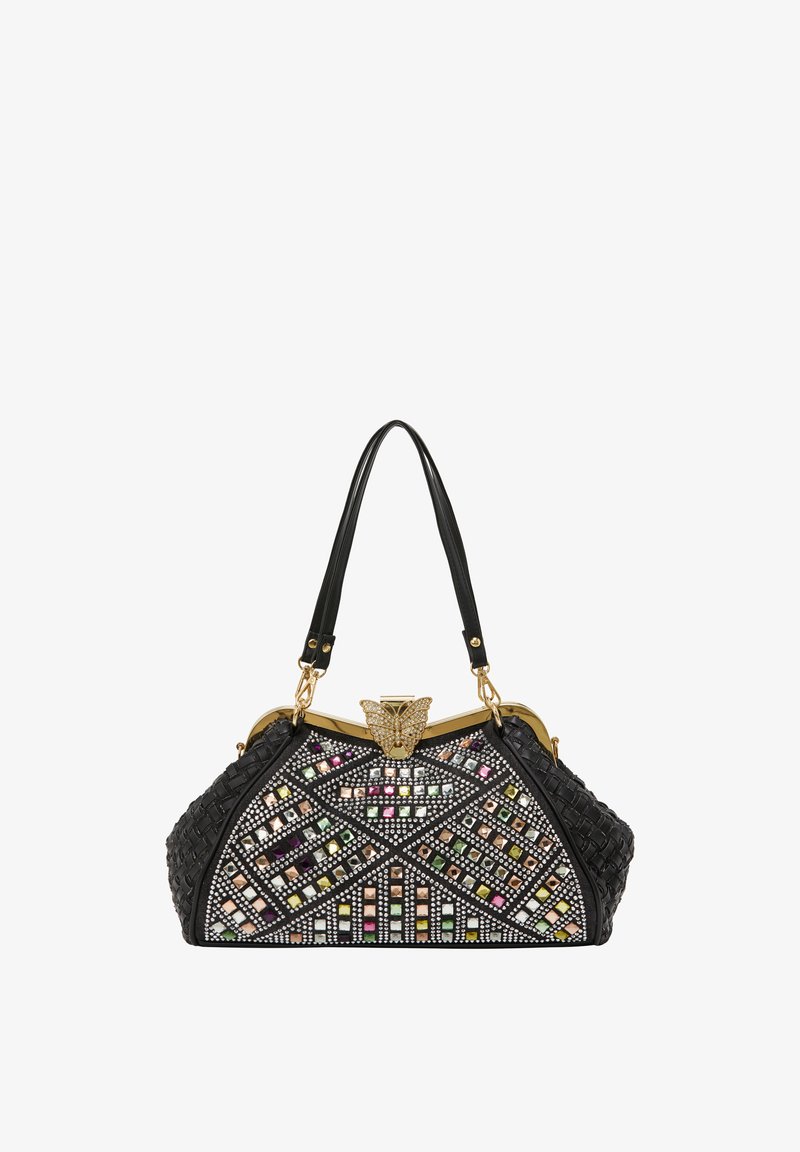 Fekete kézi táska, melynek szövött textúrája van, színes négyzet alakú kövekkel díszítve. Arany pillangó csattal a tetején, dupla fekete vállpánttal.