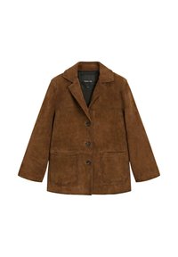 Brązowa zamszowa kurtka z kołnierzem, zapinana z przodu na guziki, z dwoma kieszeniami na ręce. Charakteryzuje się luźnym krojem i widocznymi detalami przeszyć.