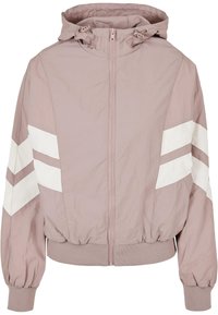 Lyse mauve hættejakke med lynlås, elastiske manchetter og forneden, med hvide chevronstriber på ærmerne og siderne.