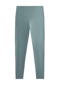 Leggings atletici di colore turchese chiaro. Realizzati in tessuto liscio con una vita alta e un design aderente. Senza motivi o dettagli visibili.