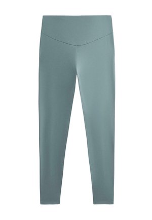 Sportliche Leggings in einem hellen Türkis. Hergestellt aus glattem Stoff mit hohem Bund und enger Passform. Keine sichtbaren Muster oder Verzierungen.